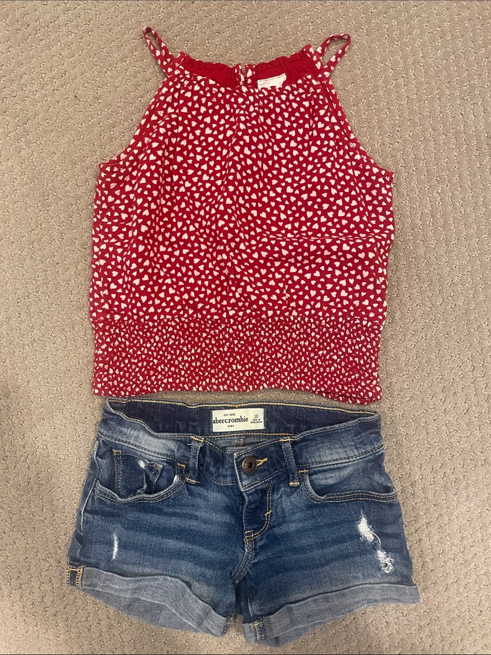 Abercrombie Red Heart Print Smocked Crop Tank and Shorts